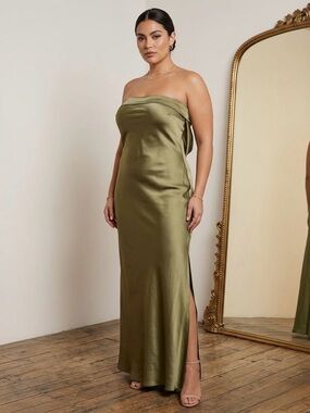 Realtix Olive Green Satin Cowl Back Strapless Dress Size XL NWT
